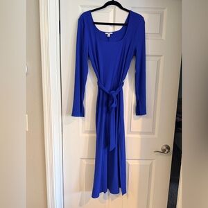 Bar III Long Sleeve Ribbed Dress in Cobalt Blue with Tie Waist